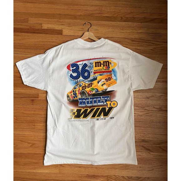 VINTAGE NASCAR M&M CARTOON KEN SCHRADER WHITE T SHIRT SIZE LARGE 90S Y2K HYPE - Picture 4 of 8